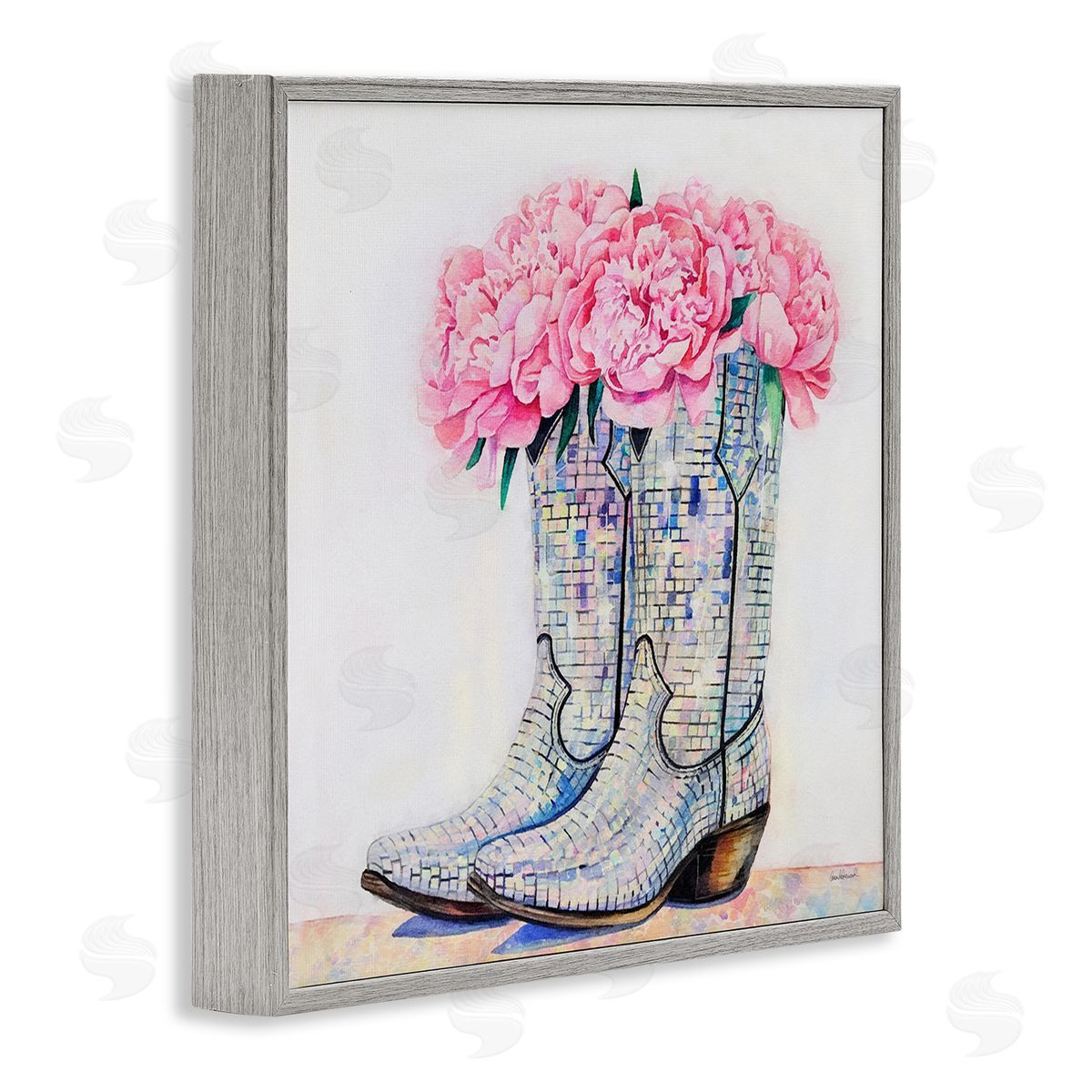 Floral Shimmering Cowgirl Boot Grey Frame Print Wall Art, Home Decor by Amanda Greenwood
