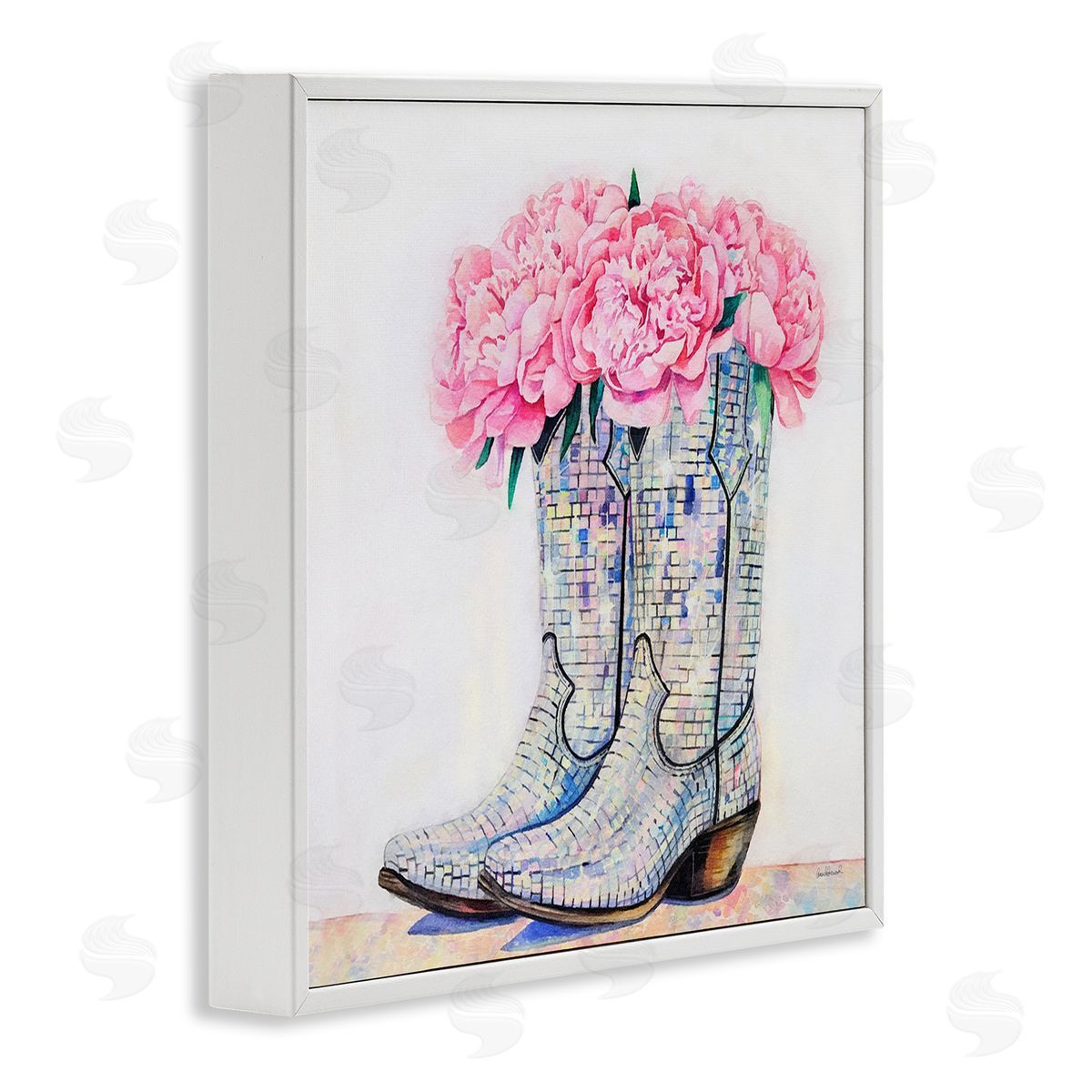 Floral Shimmering Cowgirl Boot White Frame Print Wall Art, Home Decor by Amanda Greenwood