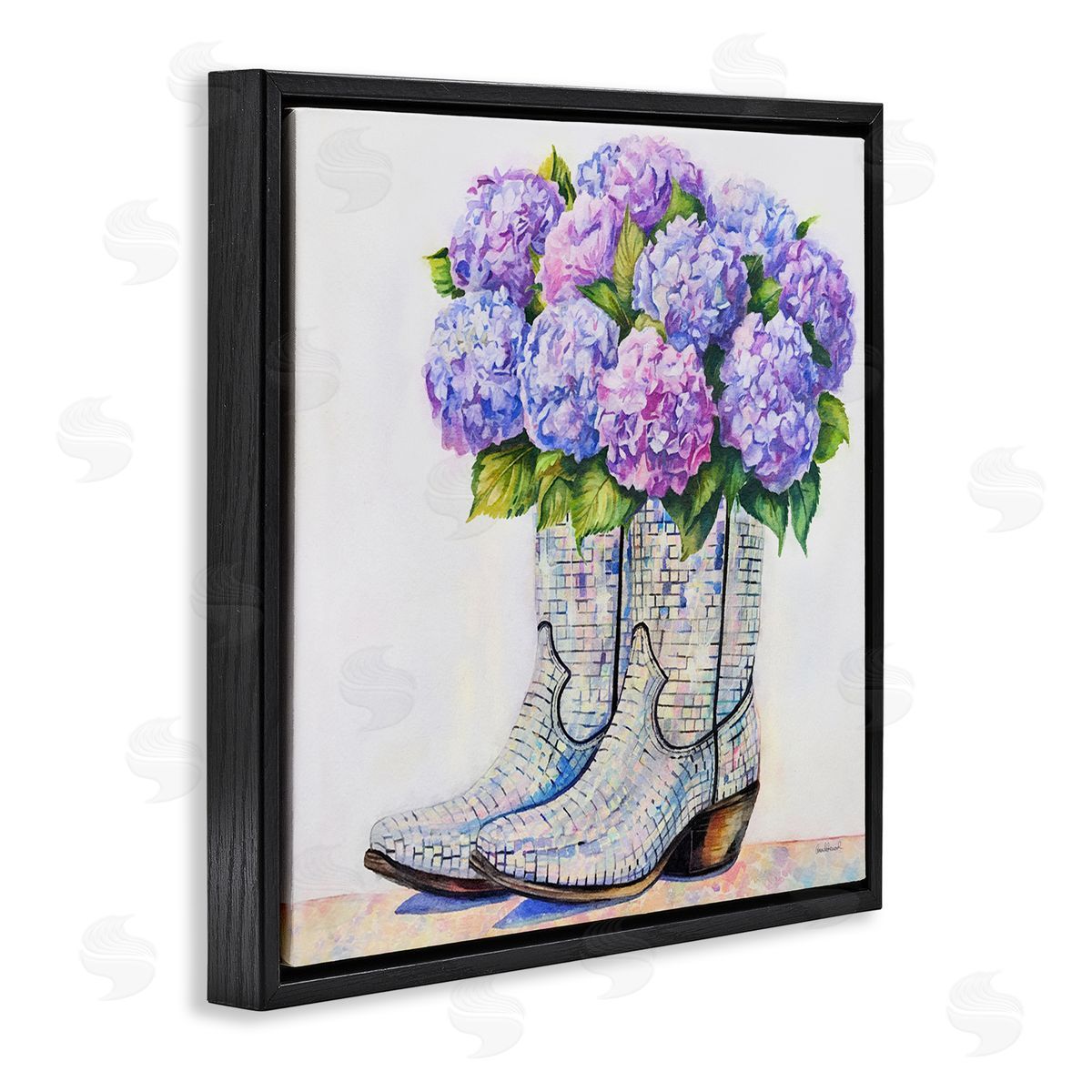 Hydrangea Filled Cowgirl Boots Black Floating Frame Canvas Wall Art, Home Decor by Amanda Greenwood