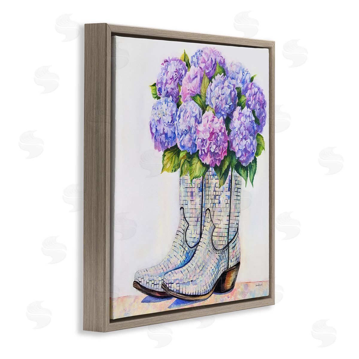 Hydrangea Filled Cowgirl Boots Brown Floating Frame Canvas Wall Art, Home Decor by Amanda Greenwood