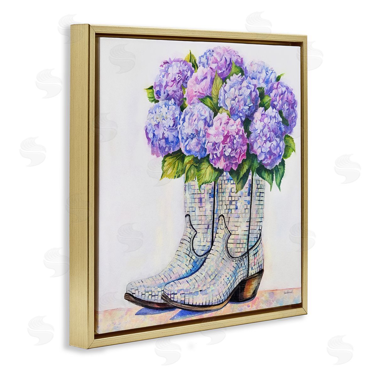 Hydrangea Filled Cowgirl Boots Gold Floating Frame Canvas Wall Art, Home Decor by Amanda Greenwood
