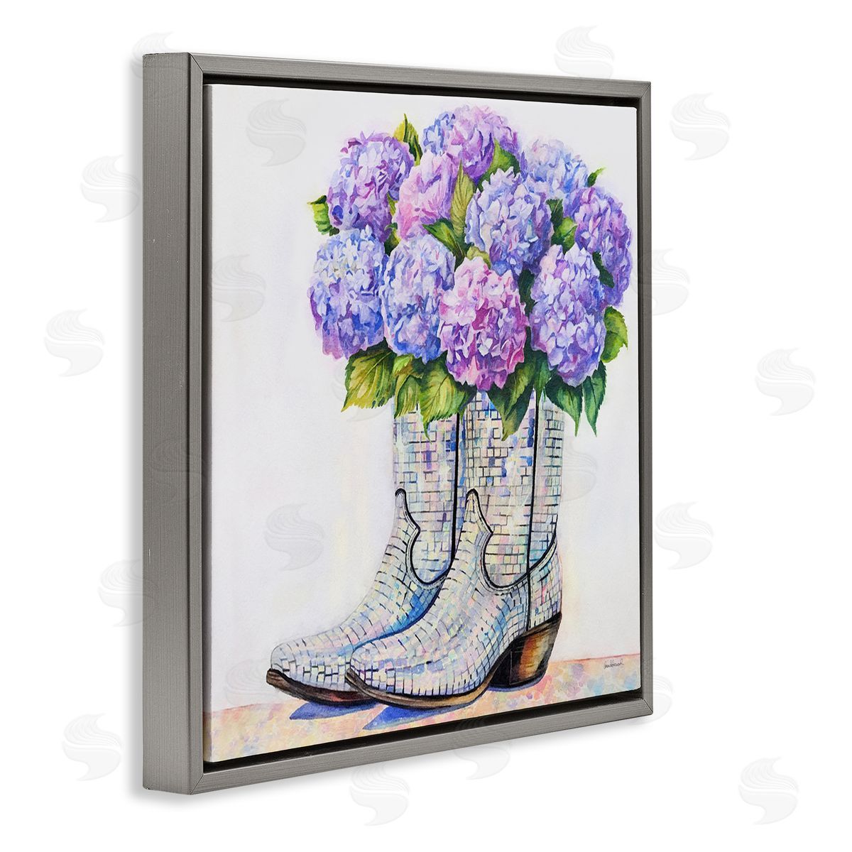 Hydrangea Filled Cowgirl Boots Grey Floating Frame Canvas Wall Art, Home Decor by Amanda Greenwood