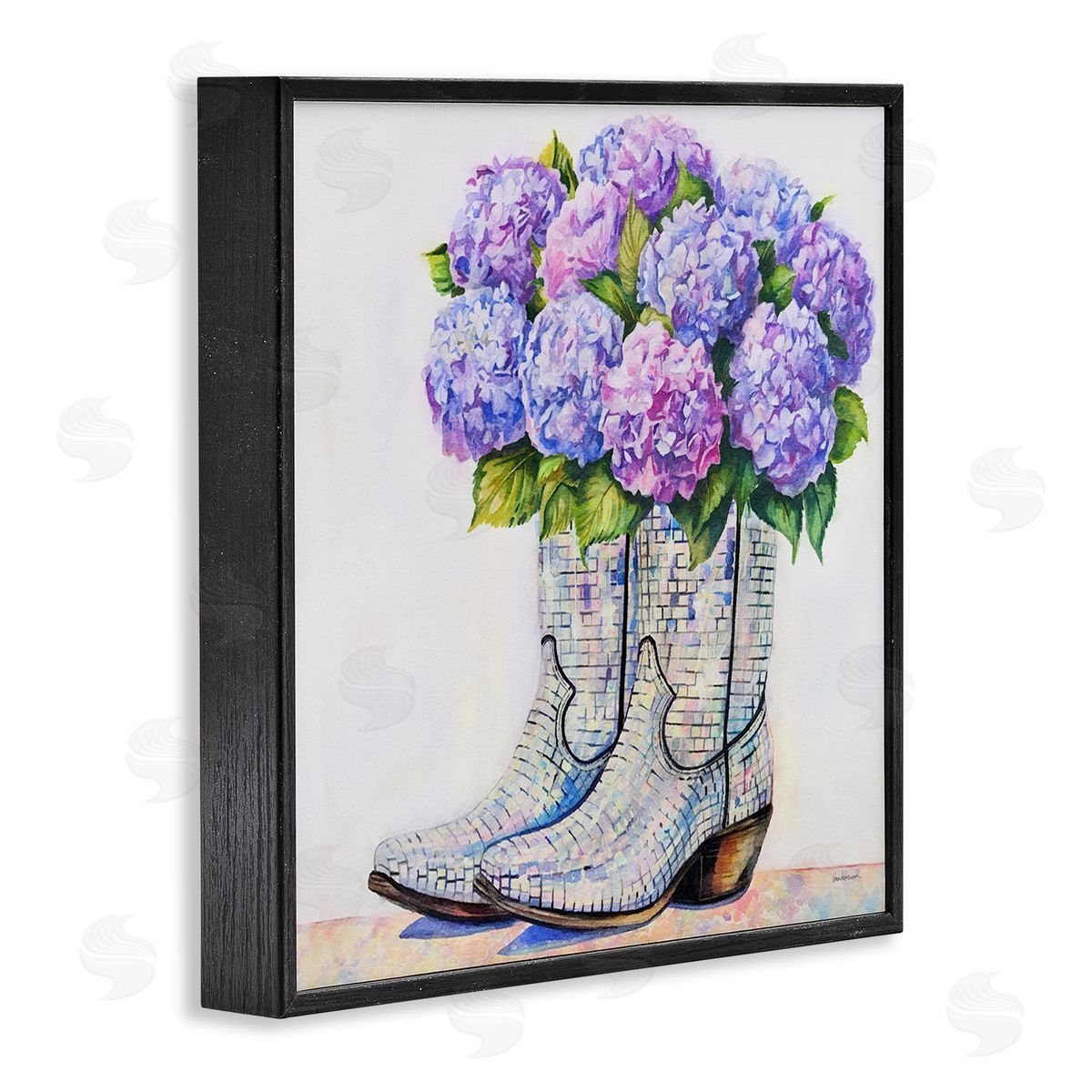 Hydrangea Filled Cowgirl Boots Black Frame Print Wall Art, Home Decor by Amanda Greenwood