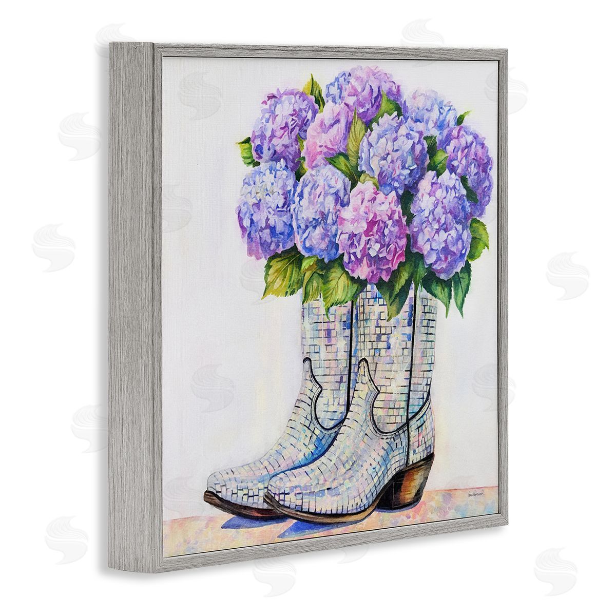 Hydrangea Filled Cowgirl Boots Grey Frame Print Wall Art, Home Decor by Amanda Greenwood