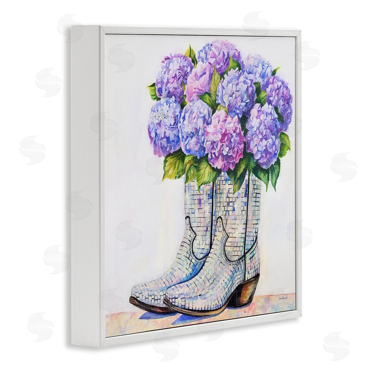 Hydrangea Filled Cowgirl Boots White Frame Print Wall Art, Home Decor by Amanda Greenwood