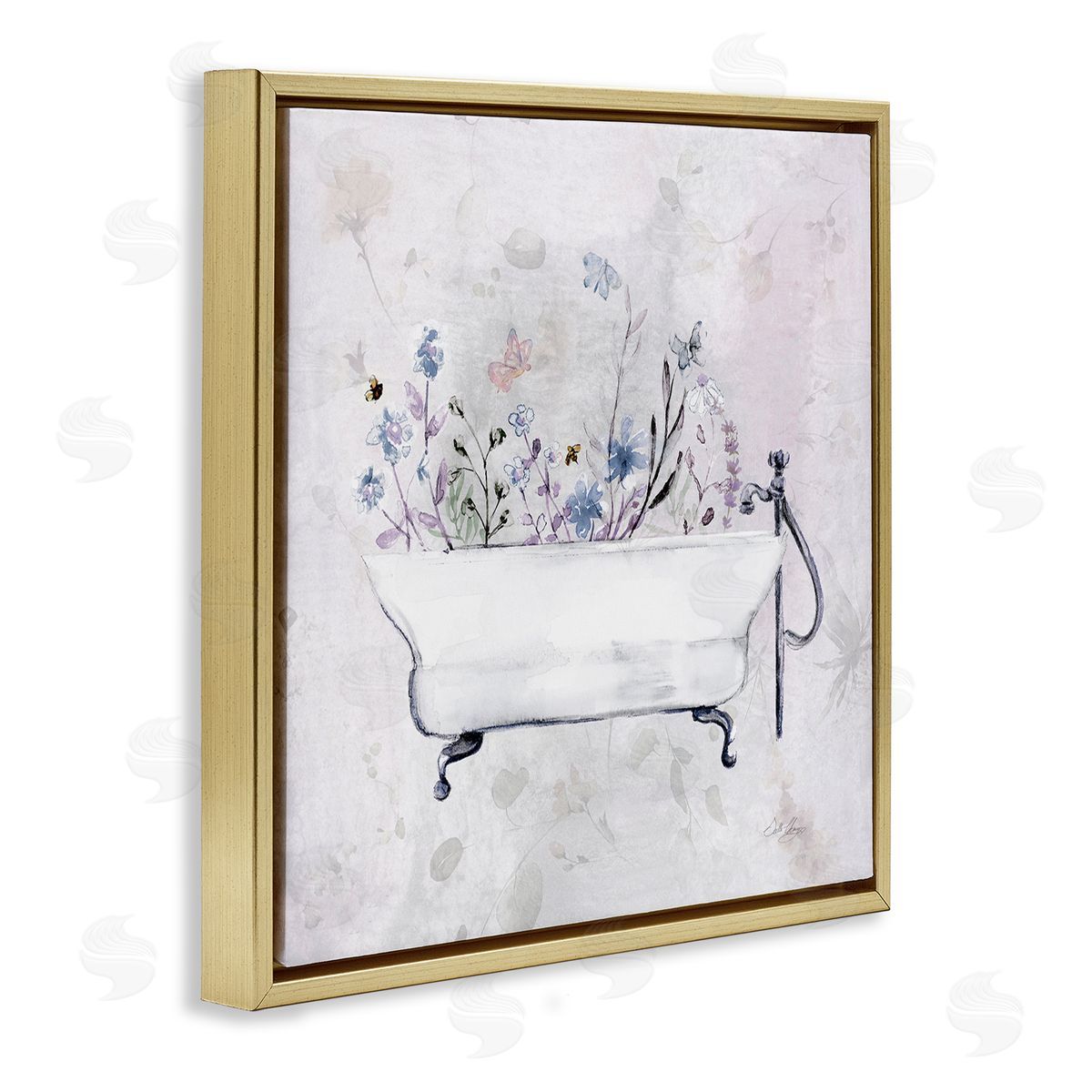 Antique Bathtub Botanicals Gold Floating Frame Canvas Wall Art, Home Decor by Stella Chang