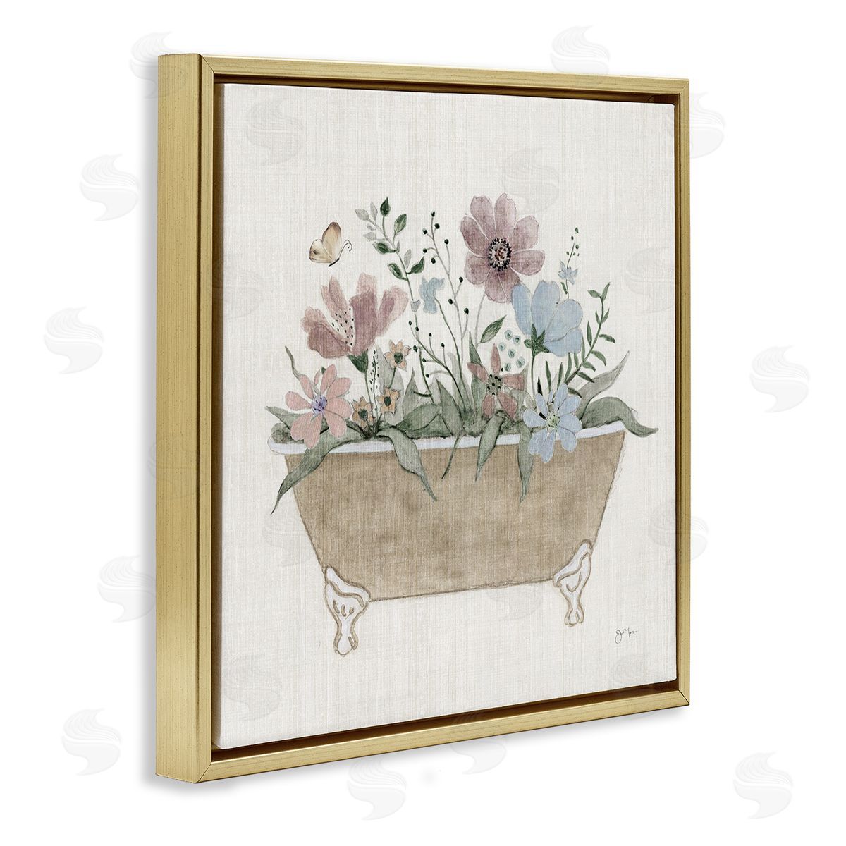 Cottage Florals in Bathtub Gold Floating Frame Canvas Wall Art, Home Decor by Janet Tava