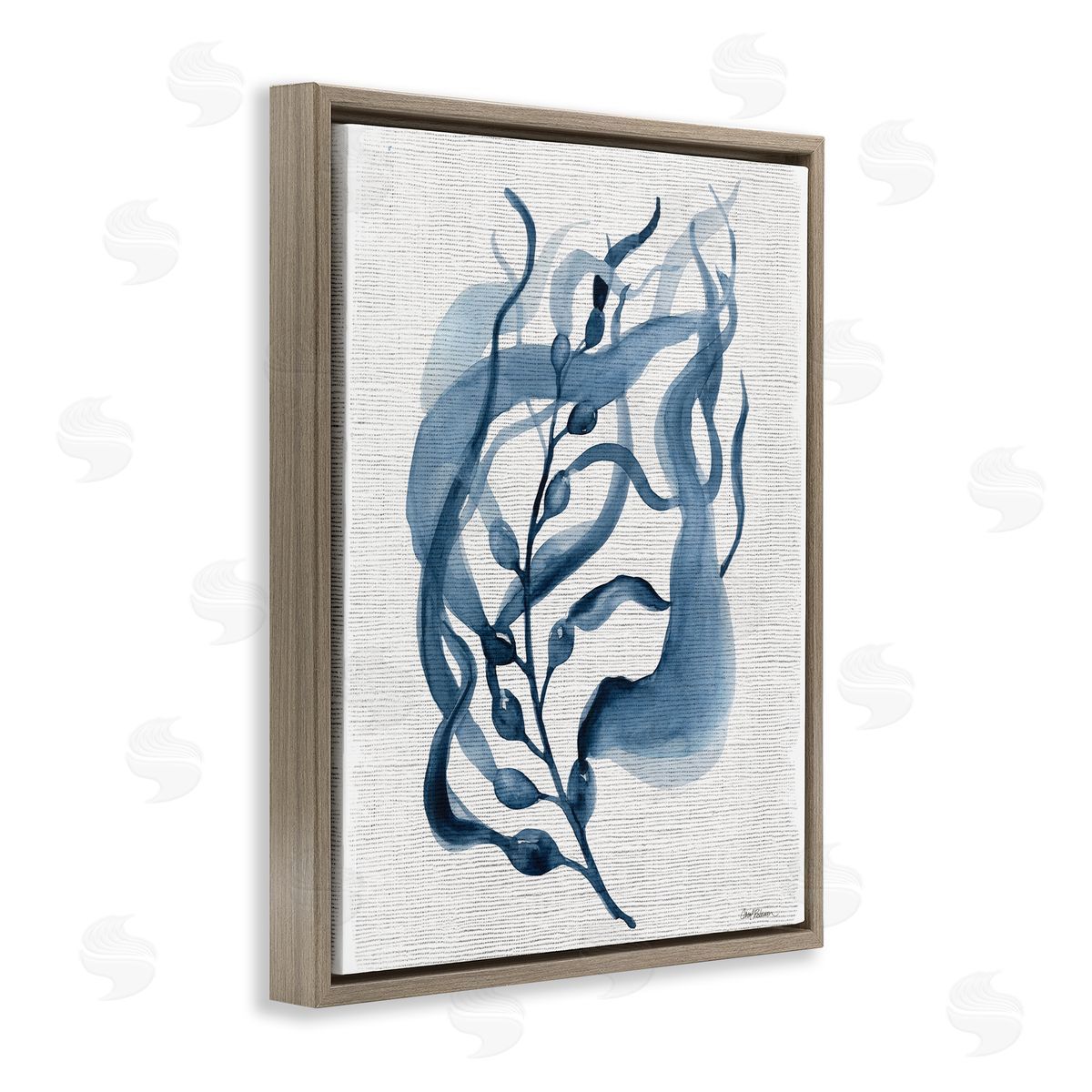 Fluid Blue Herb Leaf Brown Floating Frame Canvas Wall Art, Home Decor by Carol Robinson