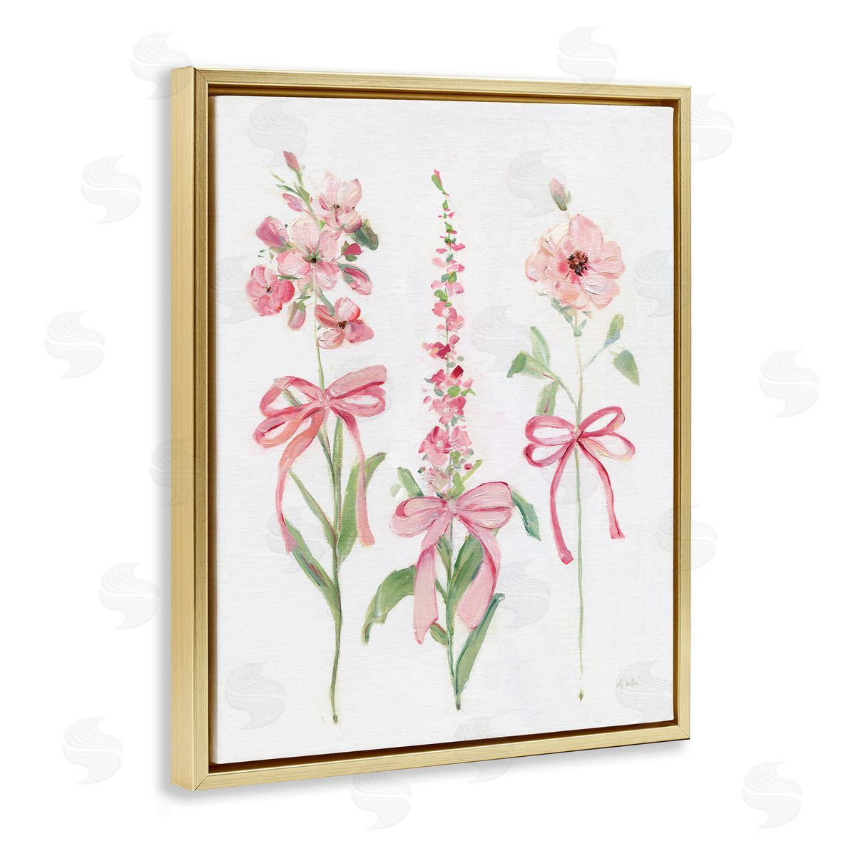 Pink Cottage Floral Sprigs Gold Floating Frame Canvas Wall Art, Home Decor by Sally Swatland