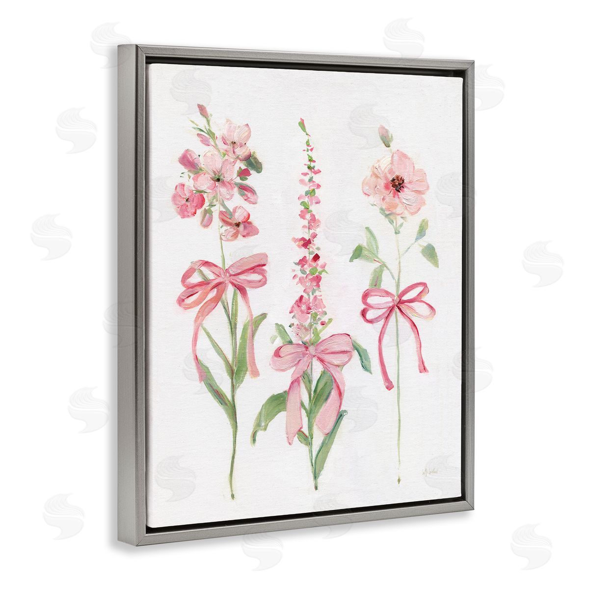 Pink Cottage Floral Sprigs Grey Floating Frame Canvas Wall Art, Home Decor by Sally Swatland