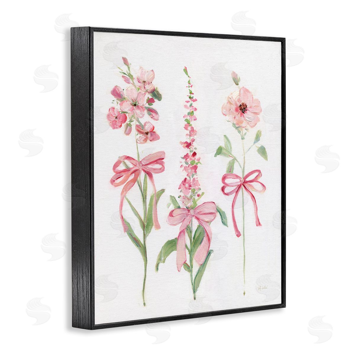 Pink Cottage Floral Sprigs Black Frame Print Wall Art, Home Decor by Sally Swatland