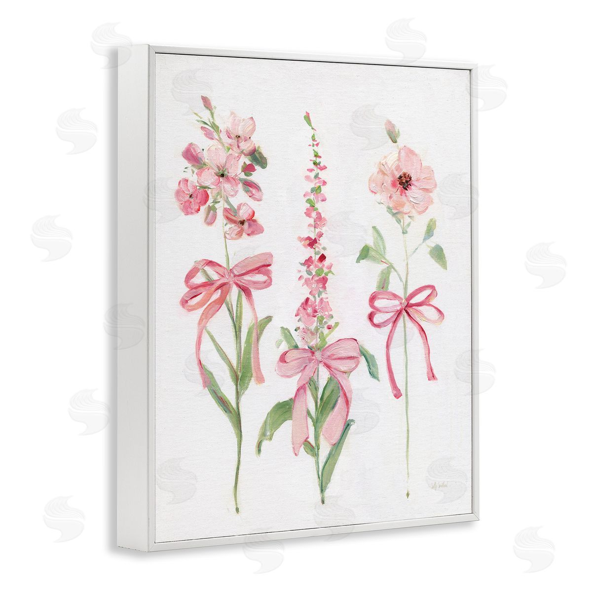 Pink Cottage Floral Sprigs White Frame Print Wall Art, Home Decor by Sally Swatland