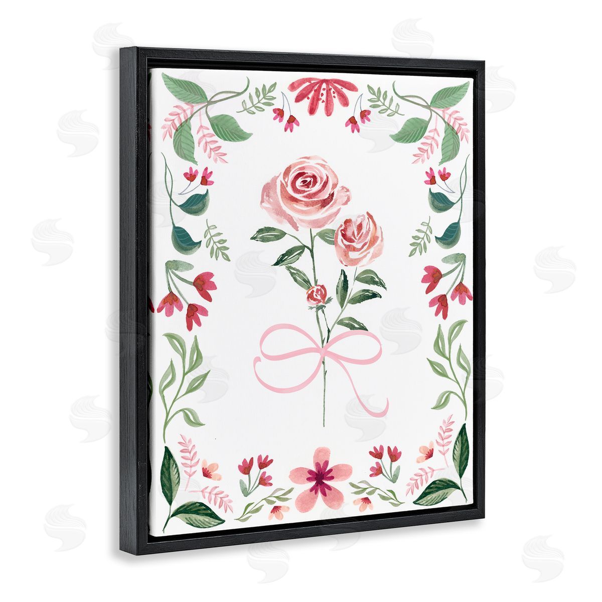Delicate Roses Floral Border Black Floating Frame Canvas Wall Art, Home Decor by Kristen Brockmon