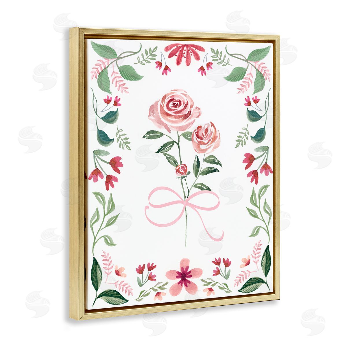 Delicate Roses Floral Border Gold Floating Frame Canvas Wall Art, Home Decor by Kristen Brockmon
