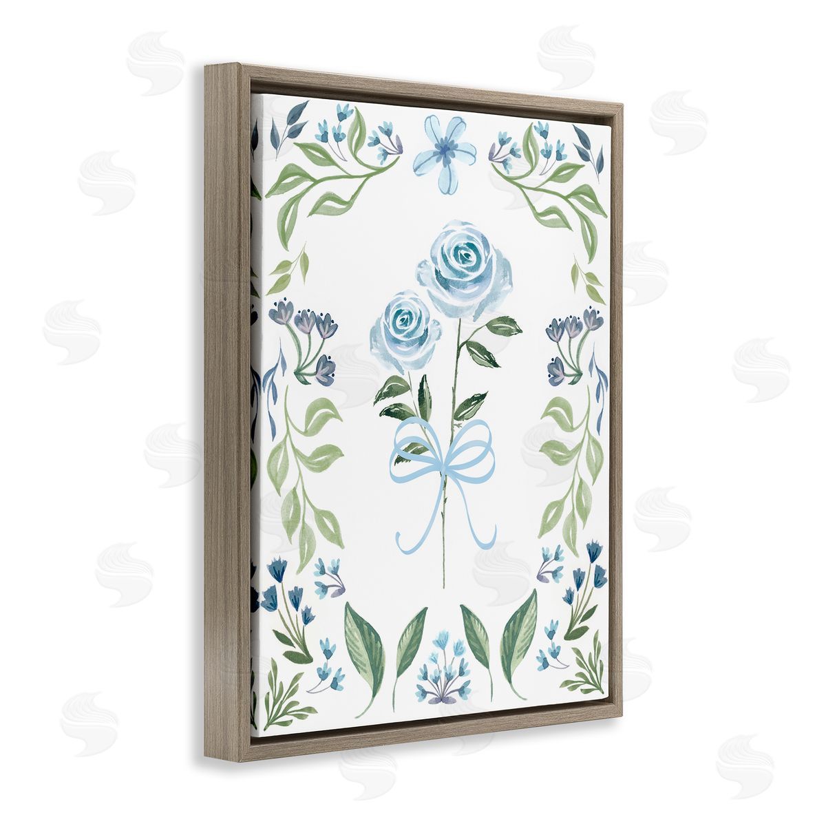 Blue Roses & Floral Border Brown Floating Frame Canvas Wall Art, Home Decor by Kristen Brockmon