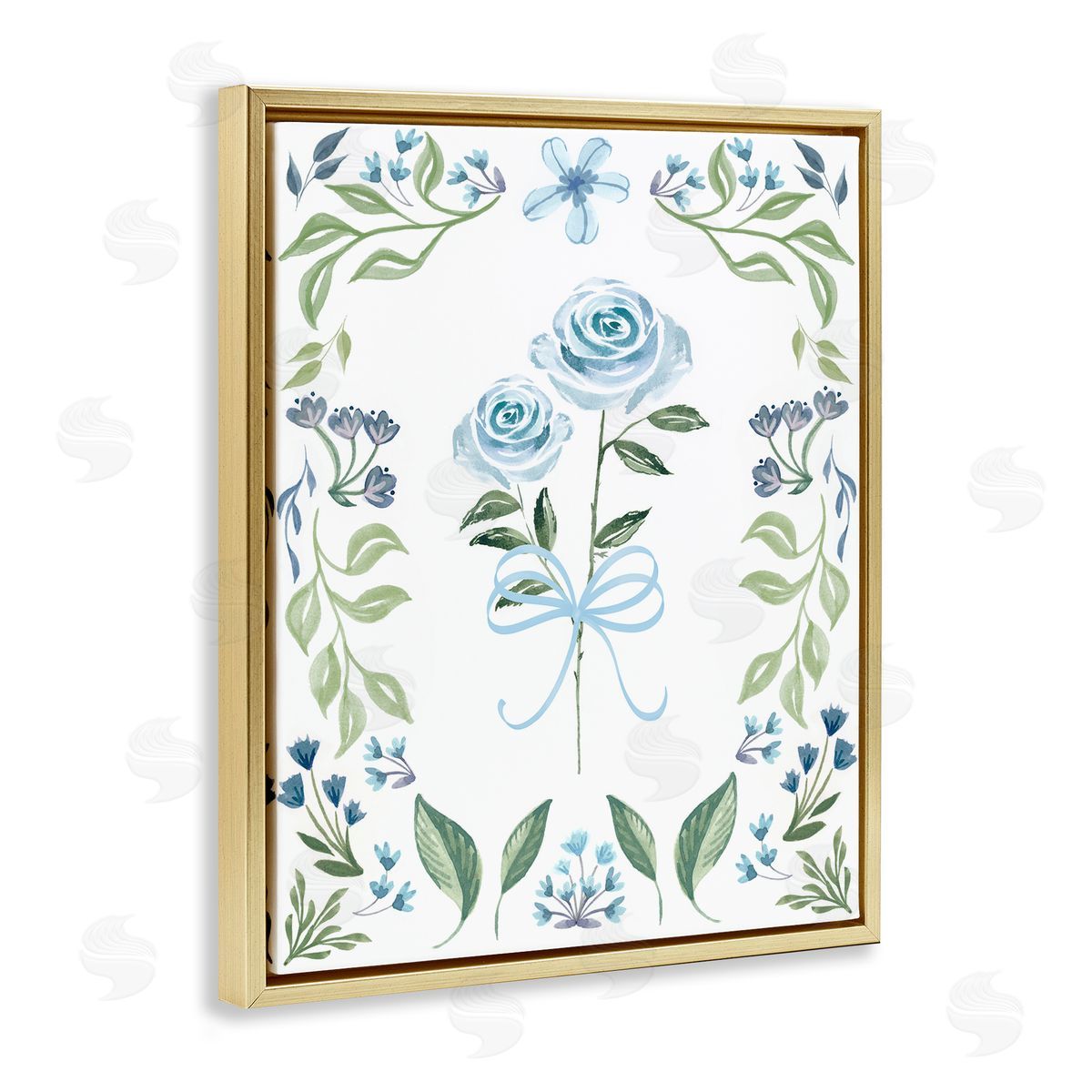 Blue Roses & Floral Border Gold Floating Frame Canvas Wall Art, Home Decor by Kristen Brockmon
