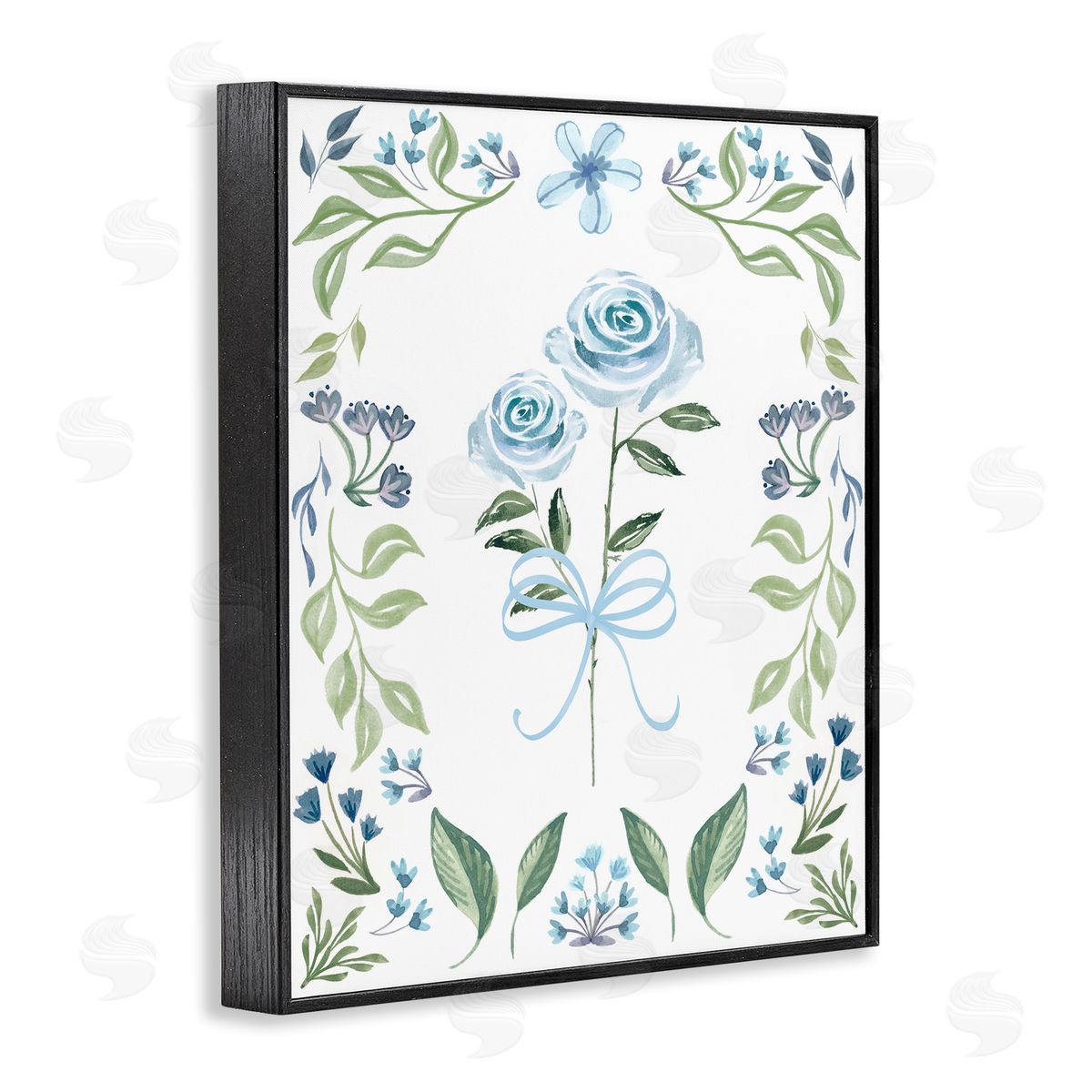 Blue Roses & Floral Border Black Frame Print Wall Art, Home Decor by Kristen Brockmon
