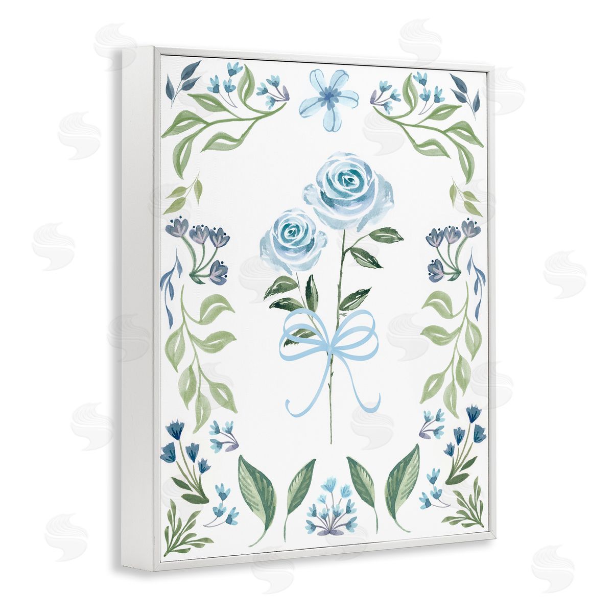 Blue Roses & Floral Border White Frame Print Wall Art, Home Decor by Kristen Brockmon