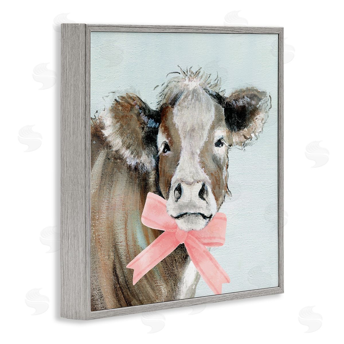Cow with Pastel Ribbon Grey Frame Print Wall Art, Home Decor by Janet Tava