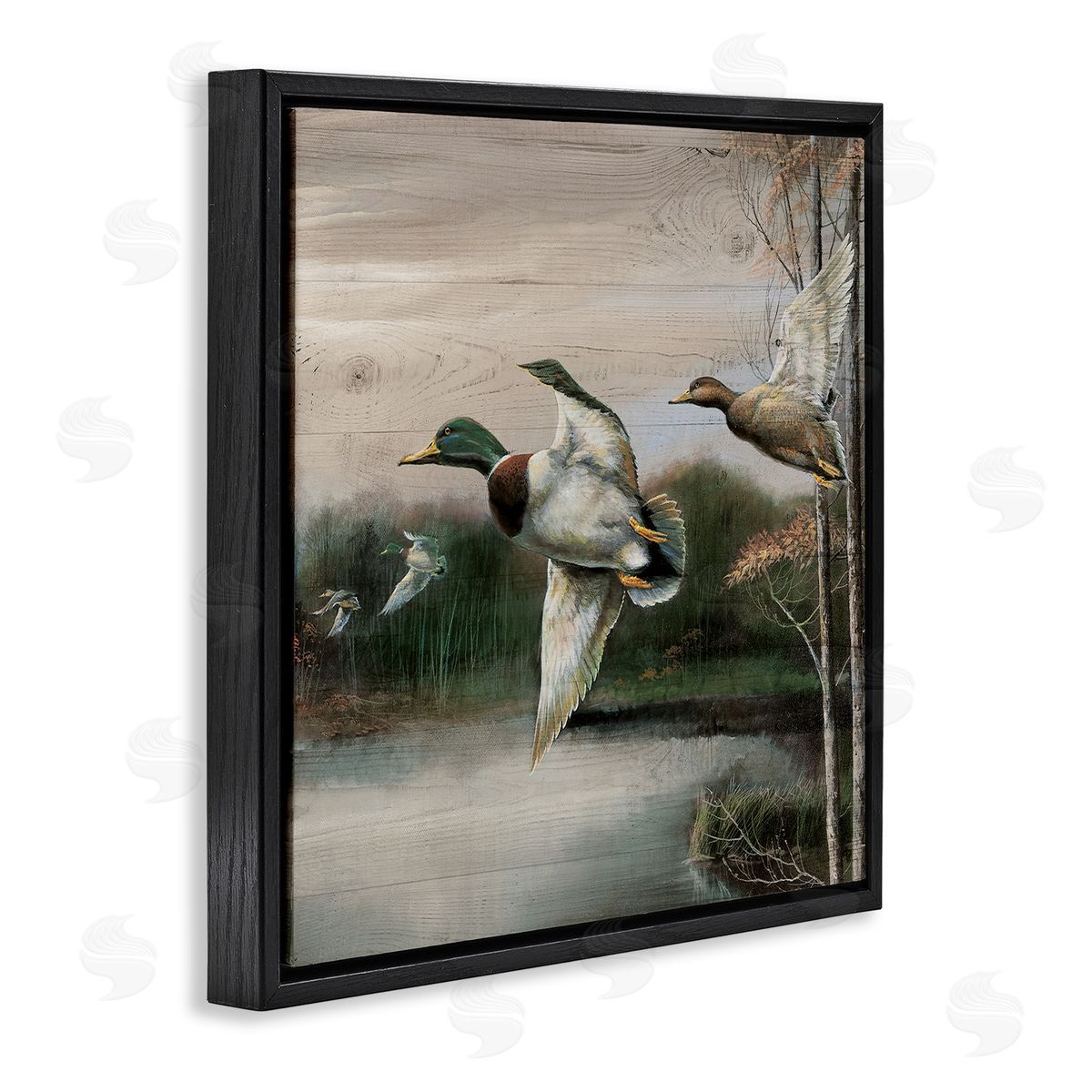 Flying Ducks in Rustic Nature Black Floating Frame Canvas Wall Art, Home Decor by Ruane Manning