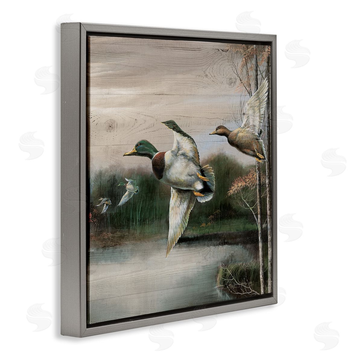 Flying Ducks in Rustic Nature Grey Floating Frame Canvas Wall Art, Home Decor by Ruane Manning