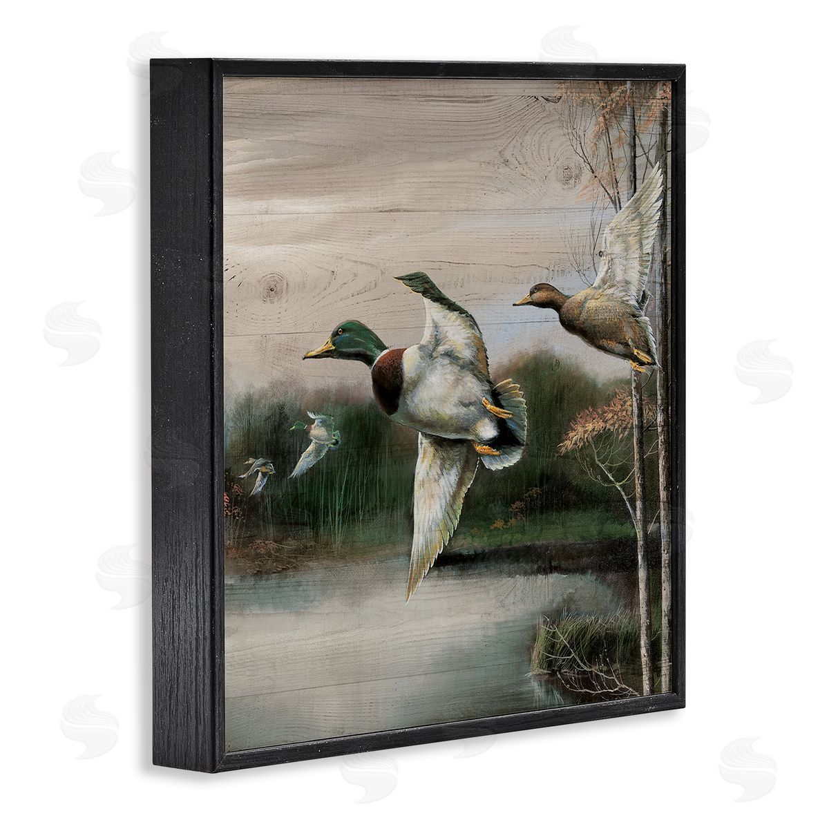 Flying Ducks in Rustic Nature Black Frame Print Wall Art, Home Decor by Ruane Manning