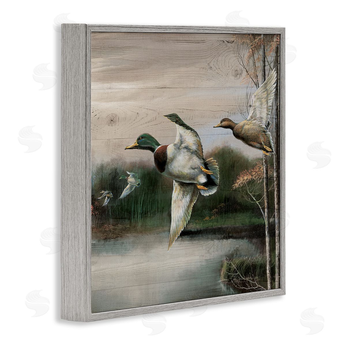 Flying Ducks in Rustic Nature Grey Frame Print Wall Art, Home Decor by Ruane Manning
