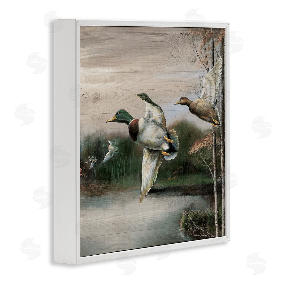 Flying Ducks in Rustic Nature White Frame Print Wall Art, Home Decor by Ruane Manning
