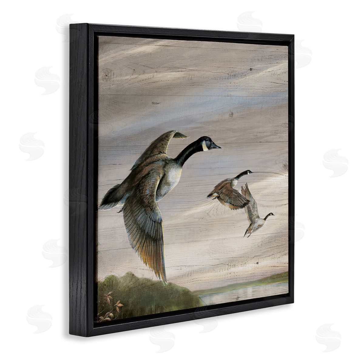Flying Geese over Rustic Black Floating Frame Canvas Wall Art, Home Decor by Ruane Manning