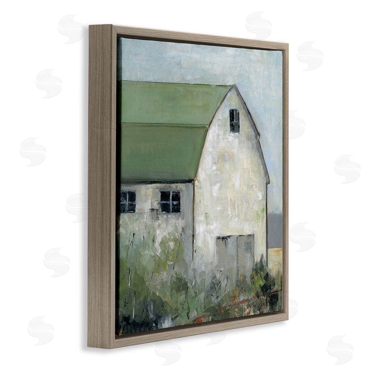 Barn View with Green Roof Brown Floating Frame Canvas Wall Art, Home Decor by Sally Swatland
