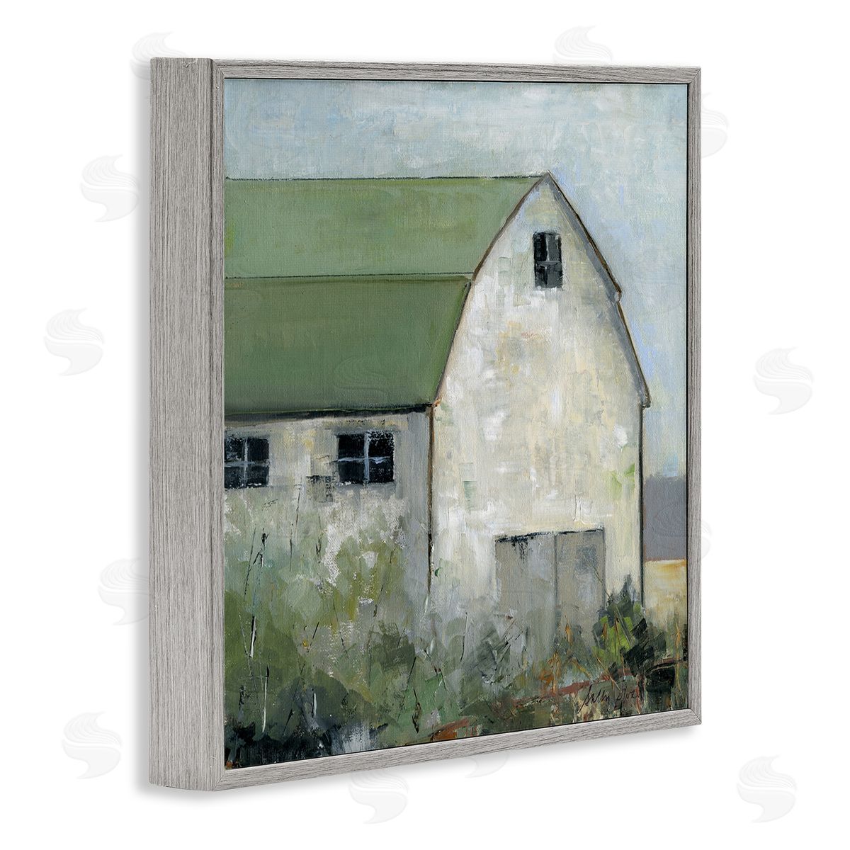 Barn View with Green Roof Grey Frame Print Wall Art, Home Decor by Sally Swatland
