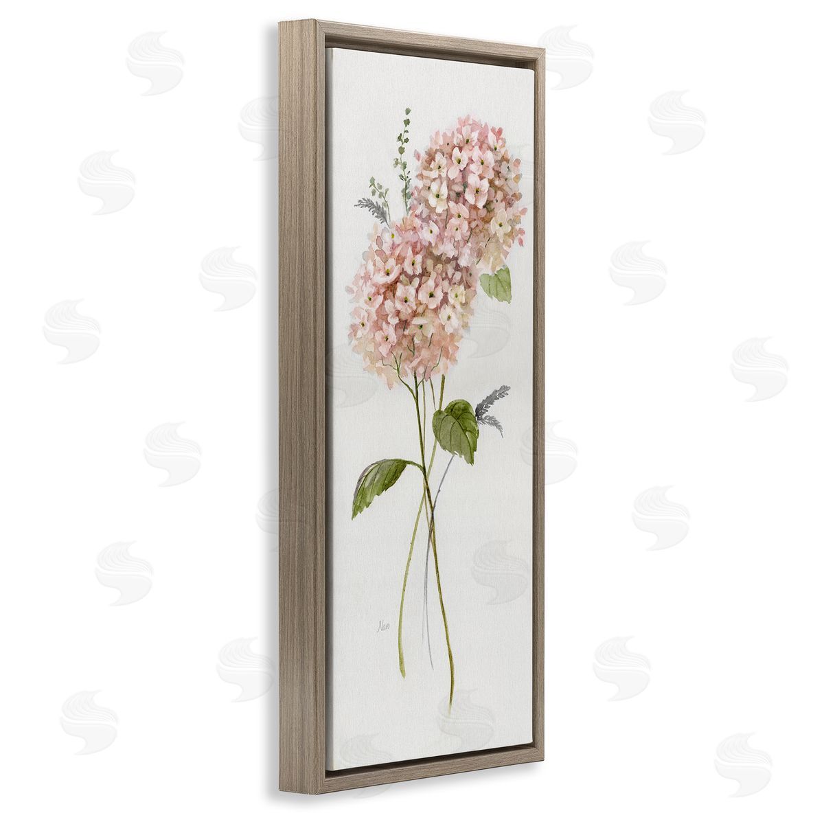 Pink Hydrangea Duo Brown Floating Frame Canvas Wall Art, Home Decor by Nan