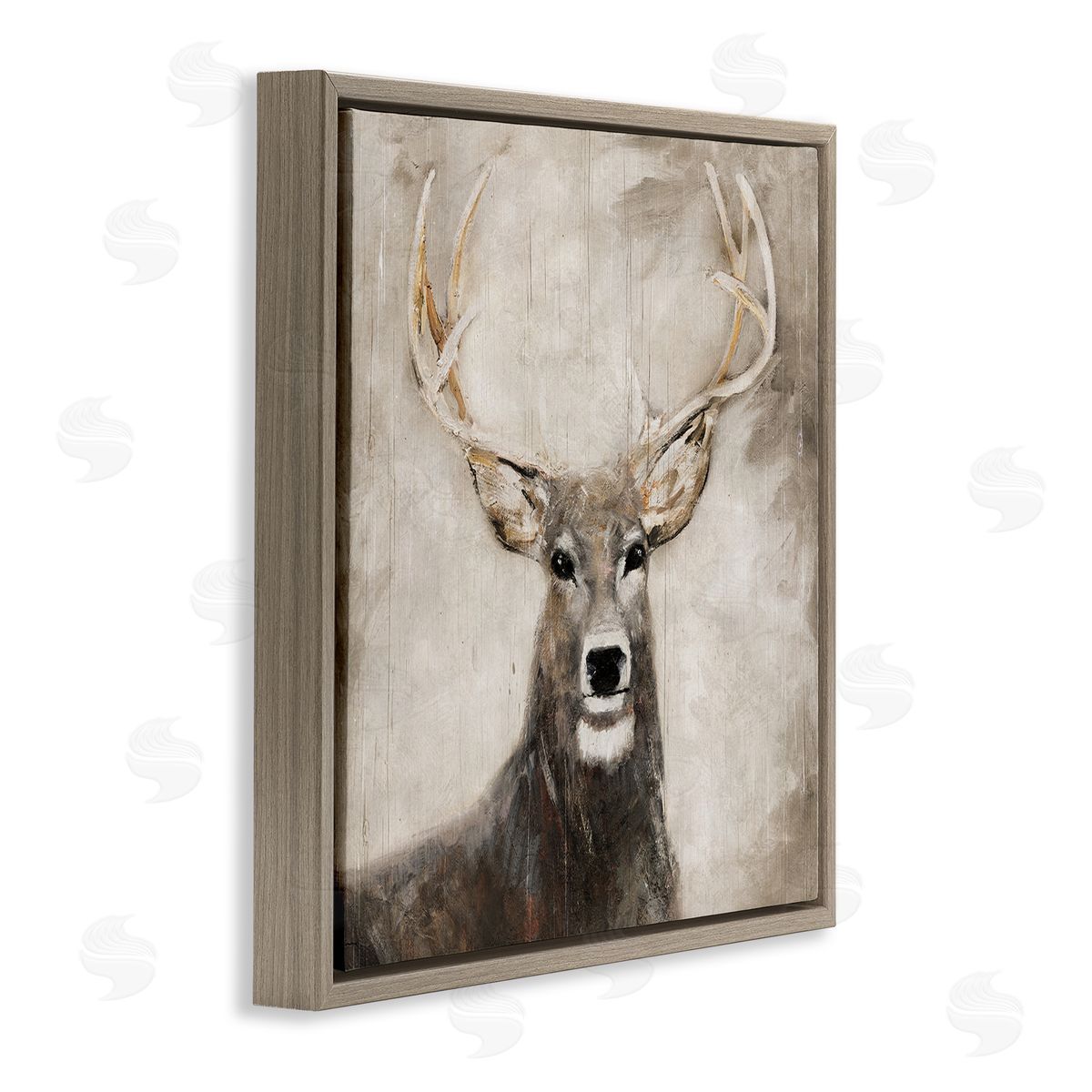 Gazing Deer in Neutrals Brown Floating Frame Canvas Wall Art, Home Decor by Sally Swatland