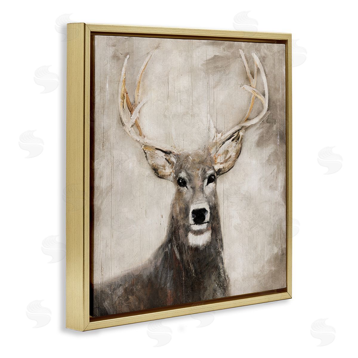 Gazing Deer in Neutrals Gold Floating Frame Canvas Wall Art, Home Decor by Sally Swatland