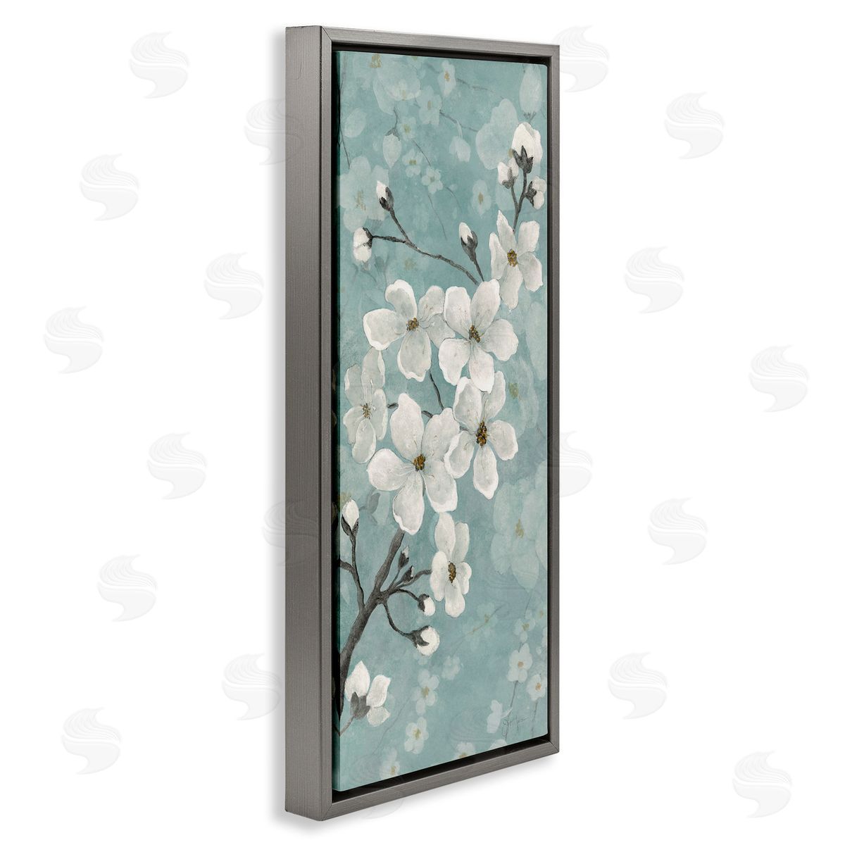 Cherry Blossoms on Green Grey Floating Frame Canvas Wall Art, Home Decor by Janet Tava