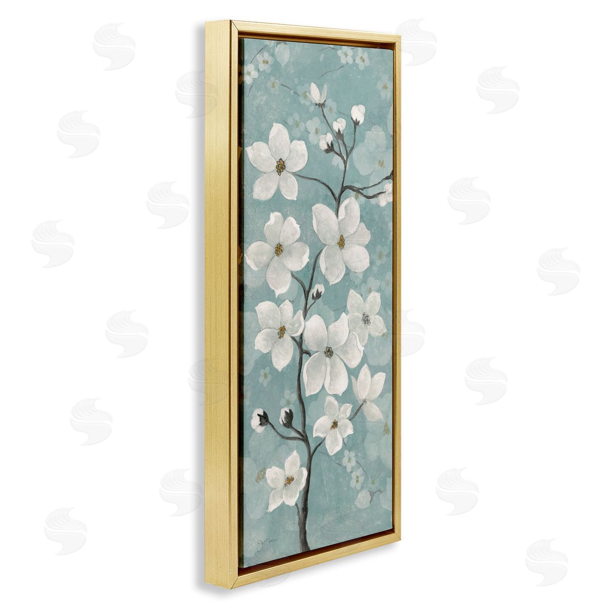 Apple Blossom on Green Gold Floating Frame Canvas Wall Art, Home Decor by Janet Tava