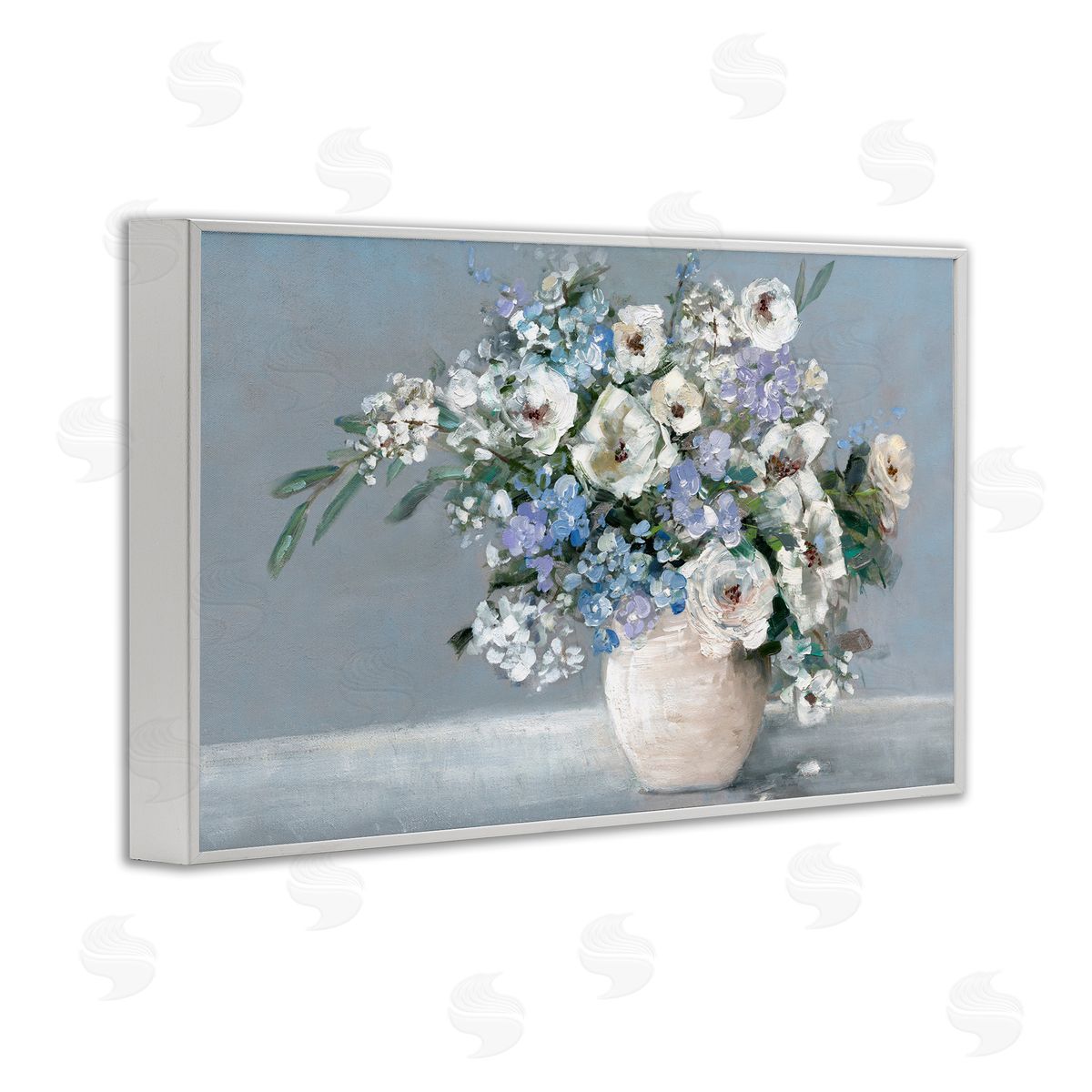 Elegant Blooms on Blue White Frame Print Wall Art, Home Decor by Sally Swatland
