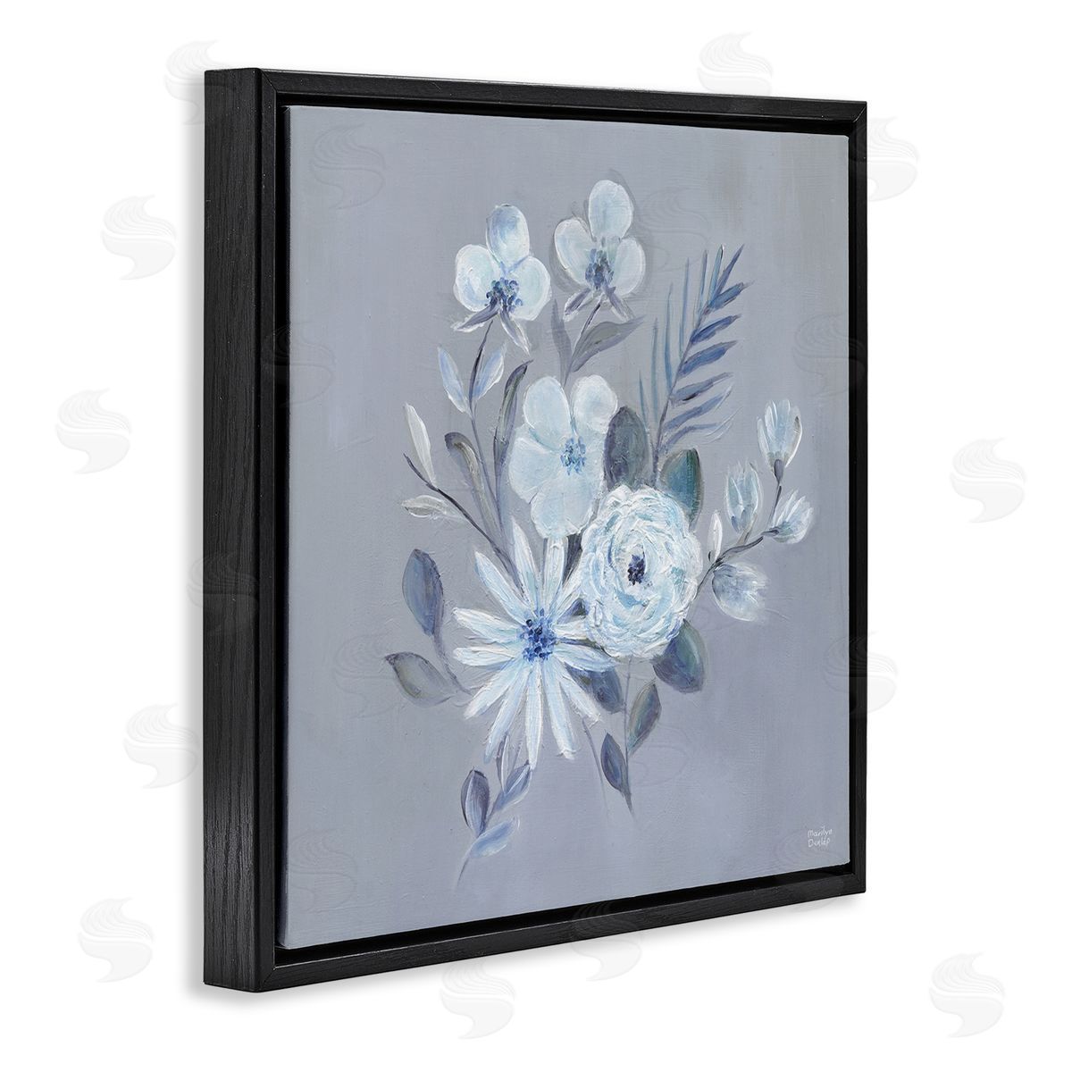 Blue Toned Floral Bunch Black Floating Frame Canvas Wall Art, Home Decor by Marilyn Dunlap