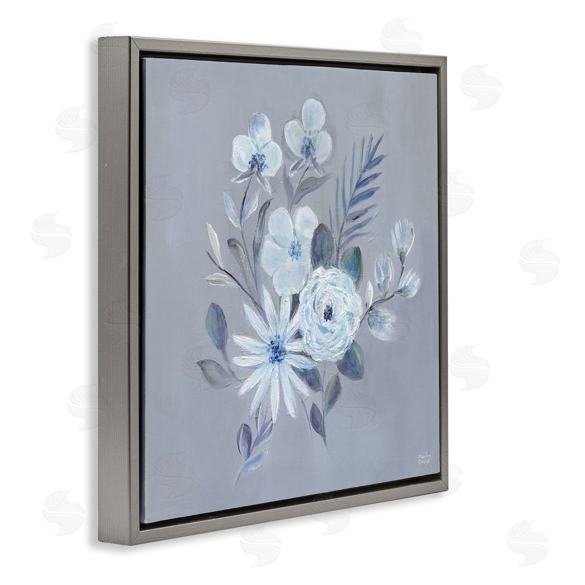 Blue Toned Floral Bunch Grey Floating Frame Canvas Wall Art, Home Decor by Marilyn Dunlap