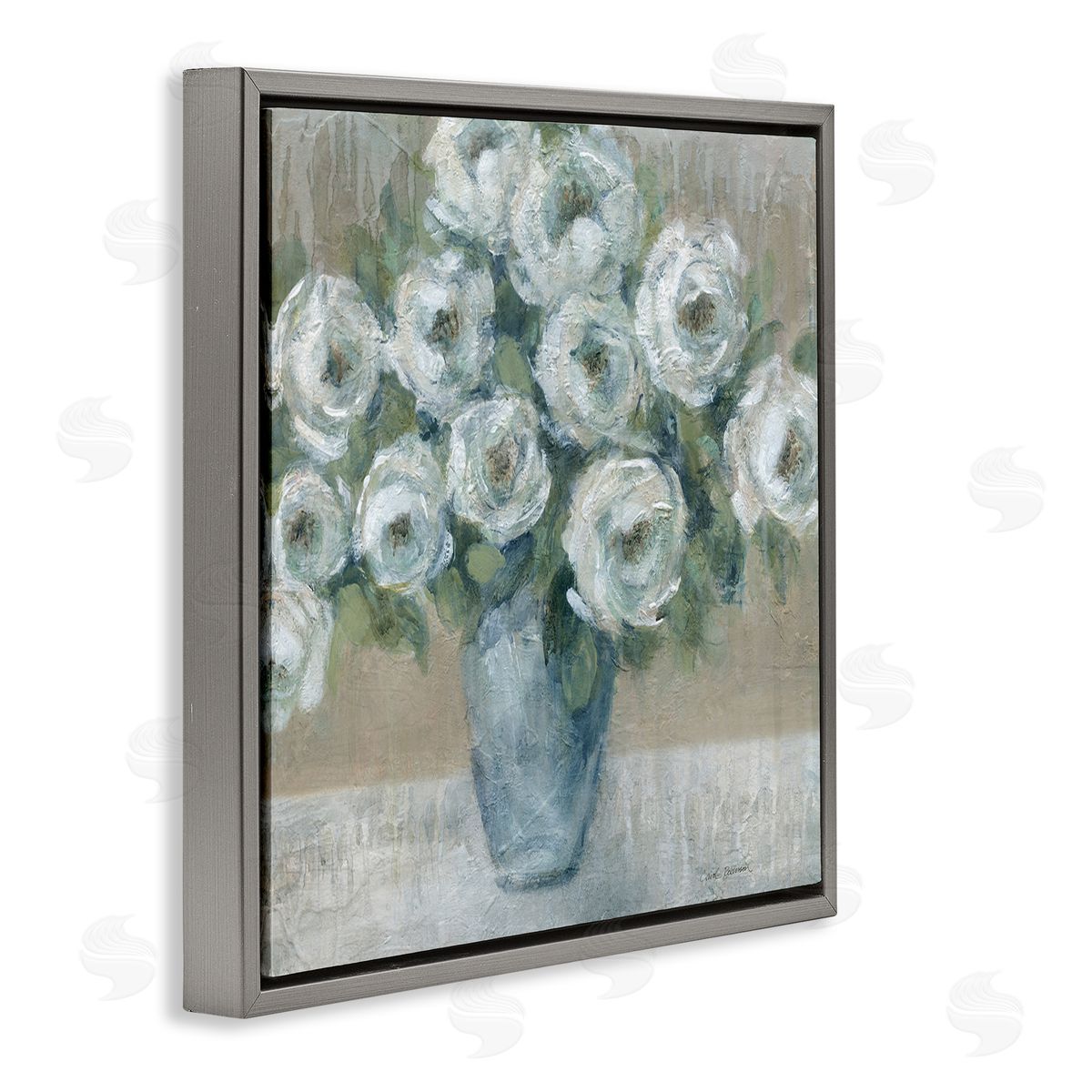 Round Painted Roses Grey Floating Frame Canvas Wall Art, Home Decor by Carol Robinson