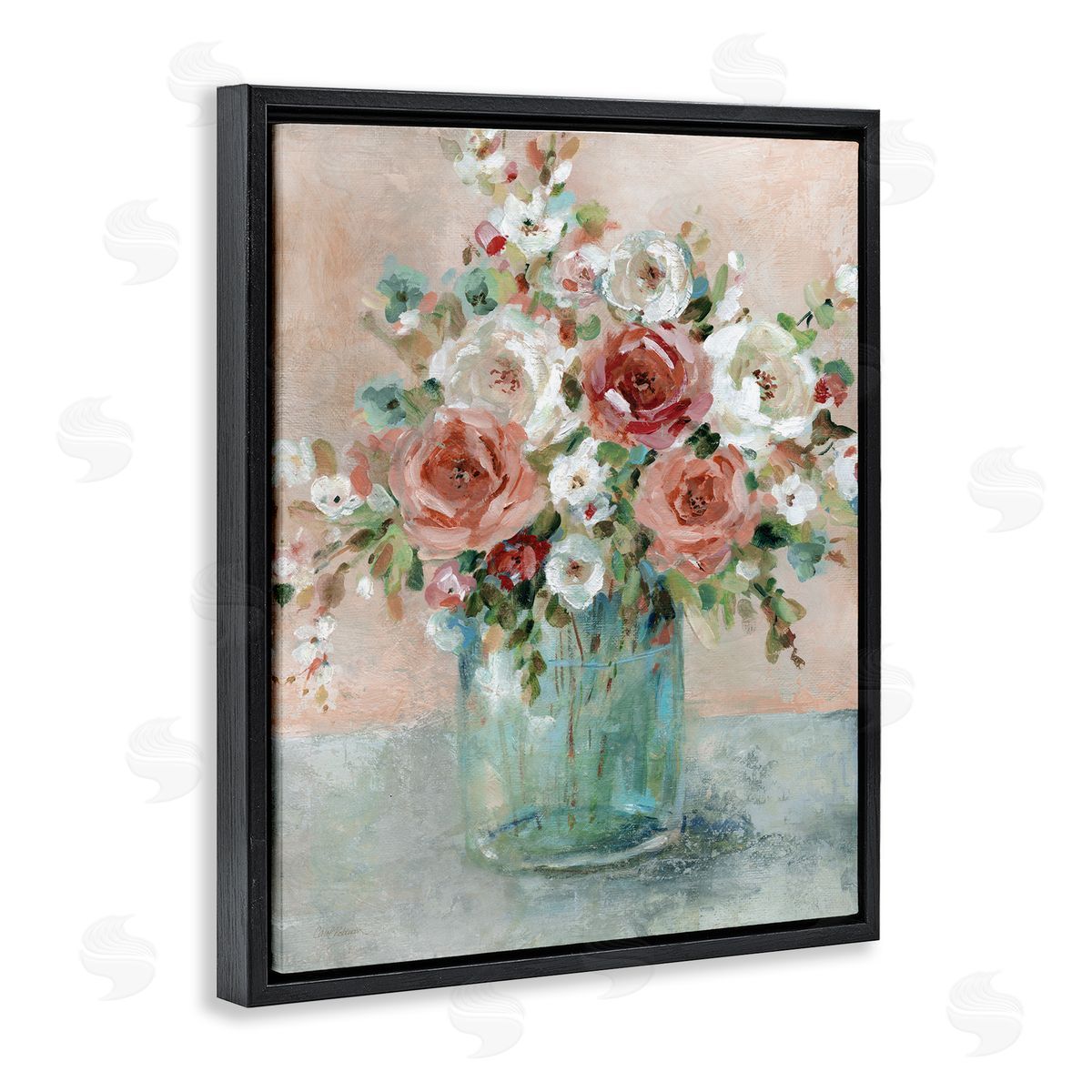 Red & White Roses Black Floating Frame Canvas Wall Art, Home Decor by Carol Robinson