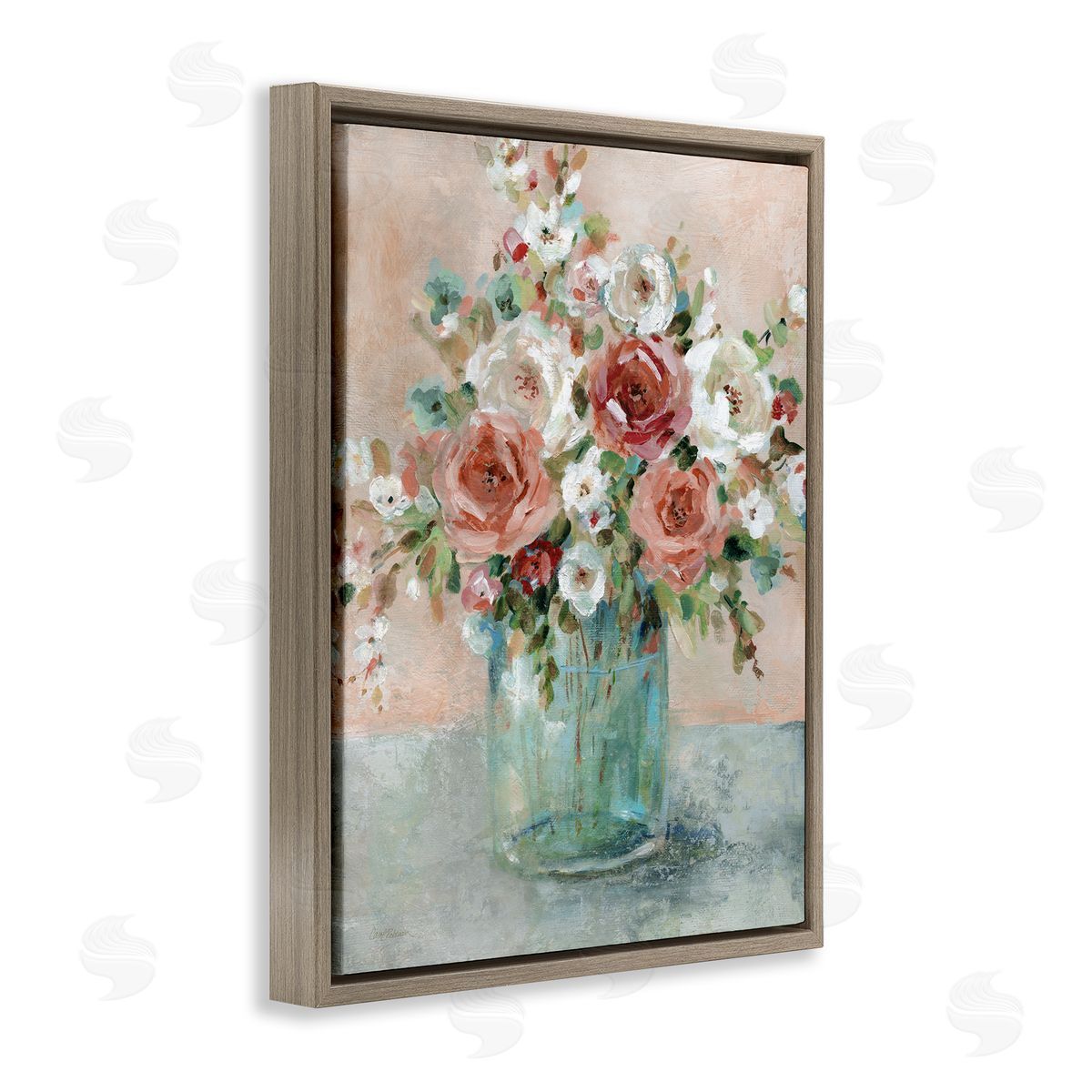 Red & White Roses Brown Floating Frame Canvas Wall Art, Home Decor by Carol Robinson