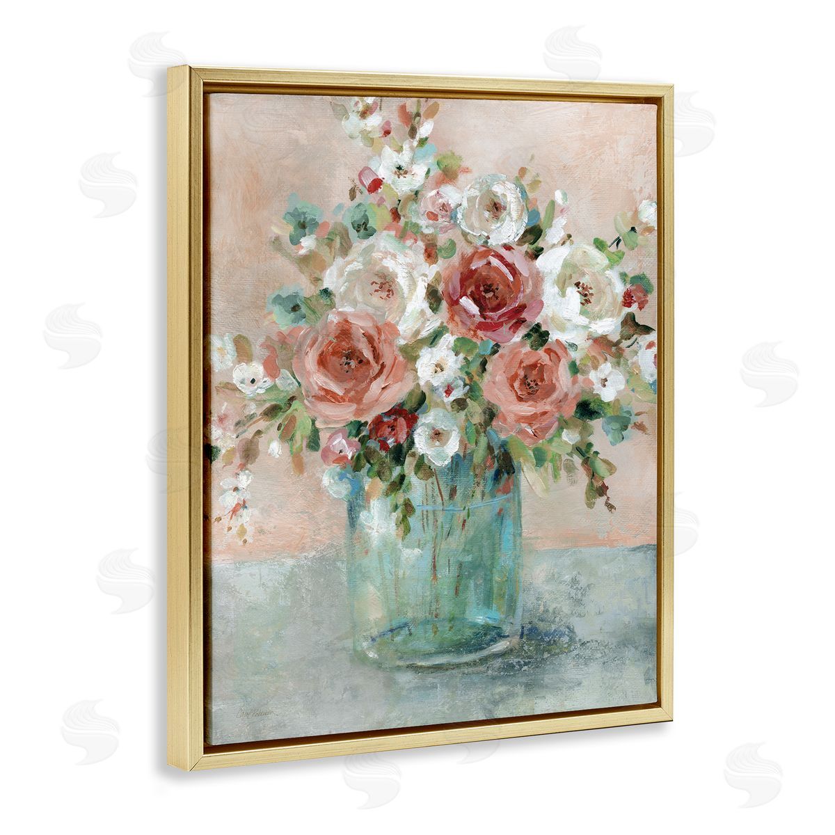 Red & White Roses Gold Floating Frame Canvas Wall Art, Home Decor by Carol Robinson