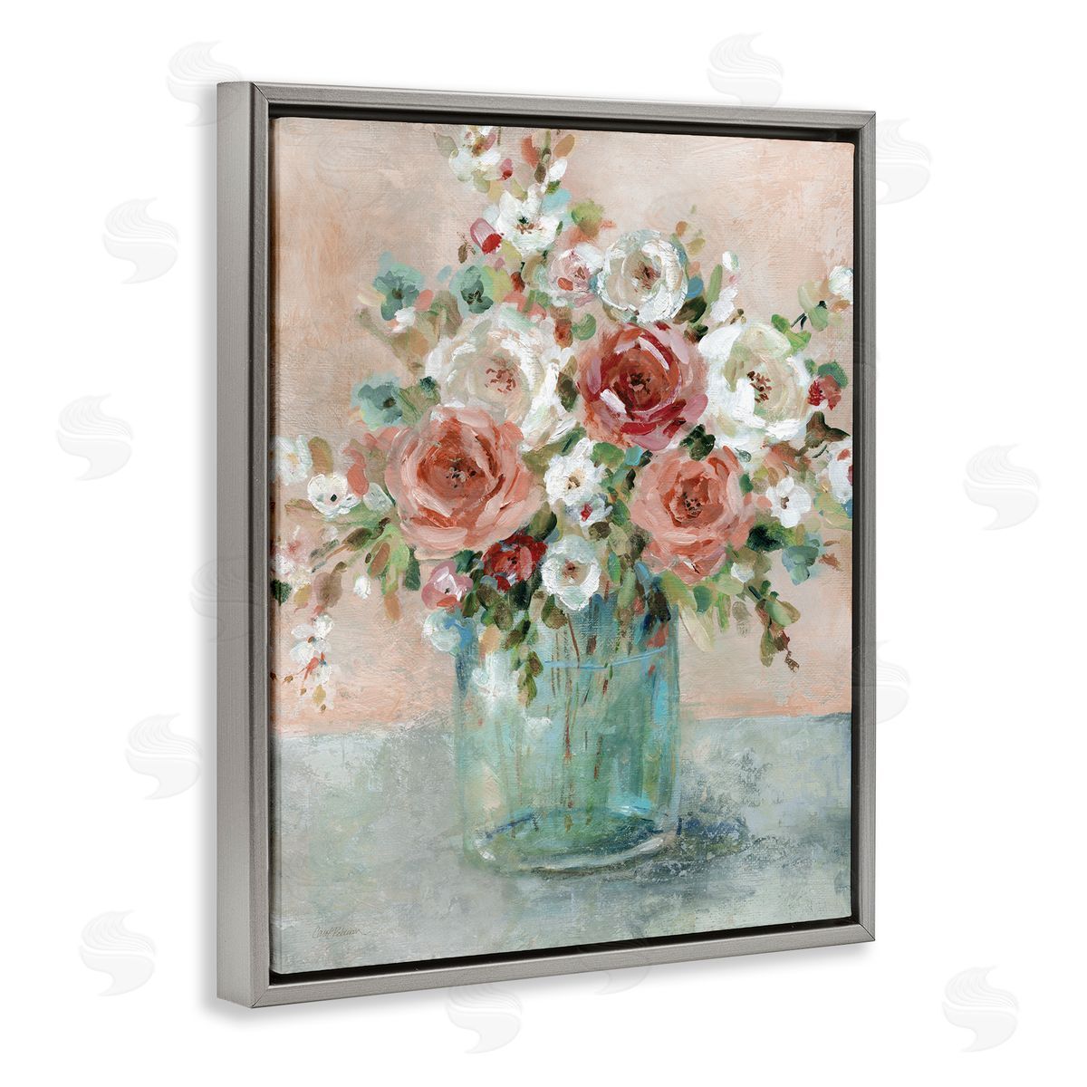 Red & White Roses Grey Floating Frame Canvas Wall Art, Home Decor by Carol Robinson