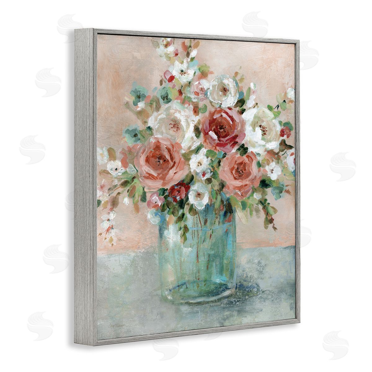 Red & White Roses Grey Frame Print Wall Art, Home Decor by Carol Robinson