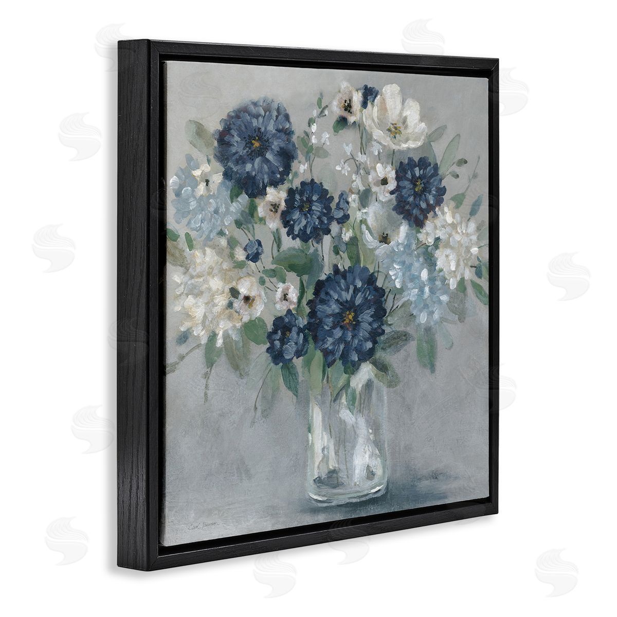 Blue Mums Mixed Bouquet Black Floating Frame Canvas Wall Art, Home Decor by Carol Robinson
