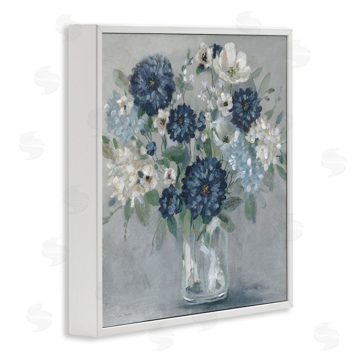 Blue Mums Mixed Bouquet White Frame Print Wall Art, Home Decor by Carol Robinson