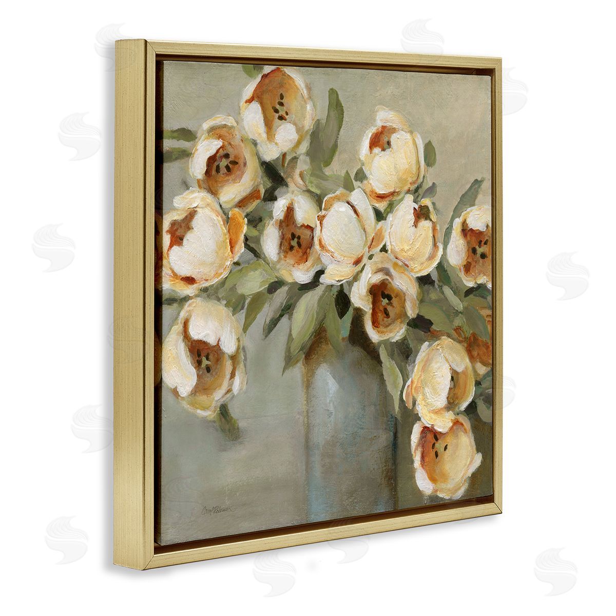 Curved Flowers in Vase Gold Floating Frame Canvas Wall Art, Home Decor by Carol Robinson