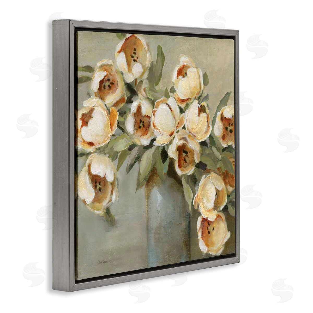 Curved Flowers in Vase Grey Floating Frame Canvas Wall Art, Home Decor by Carol Robinson