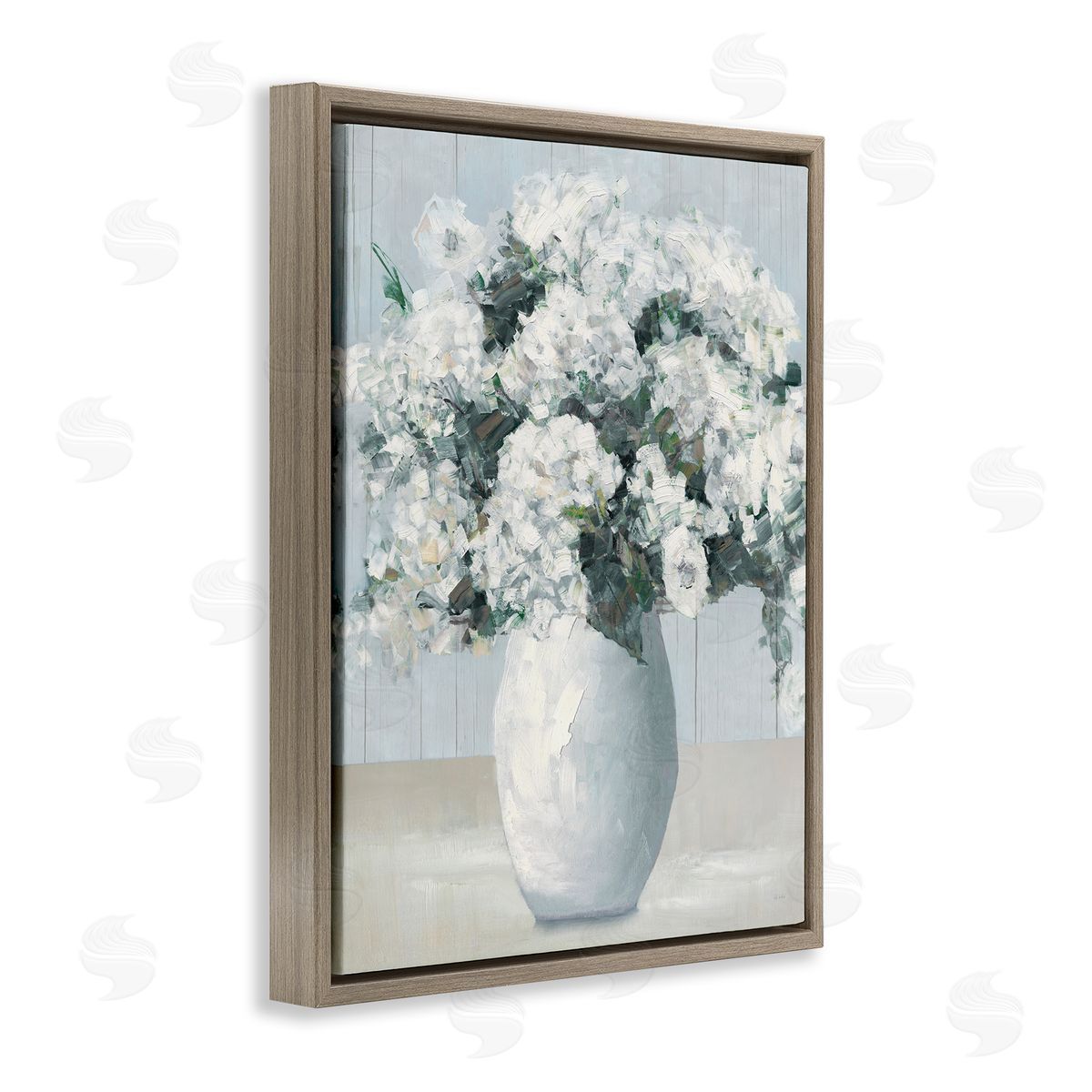 Timeless White Flower Vase Brown Floating Frame Canvas Wall Art, Home Decor by Sally Swatland